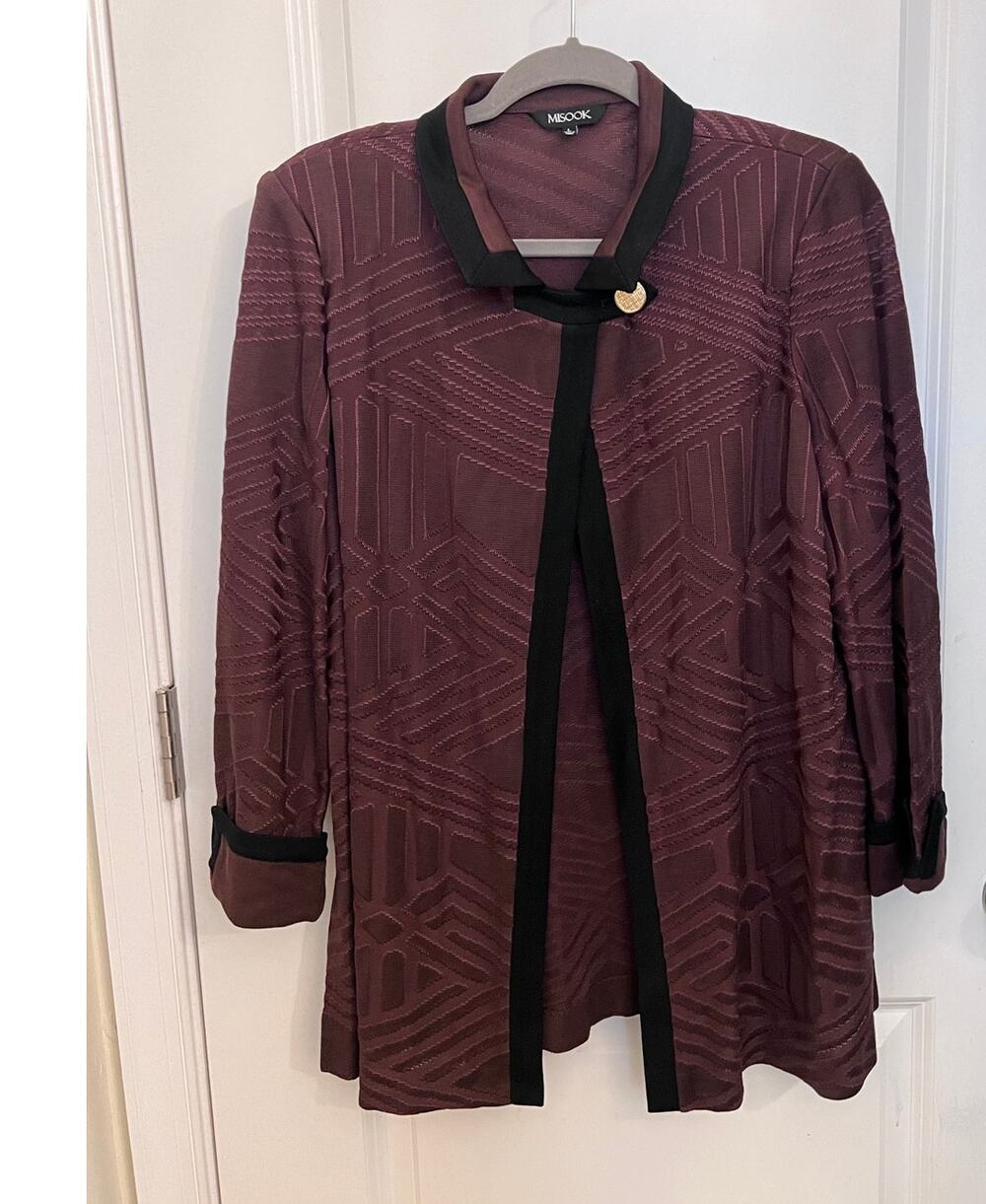 Misook Maroon Geometric Jacquard Knit Jacket L Business Formal Quiet Luxury